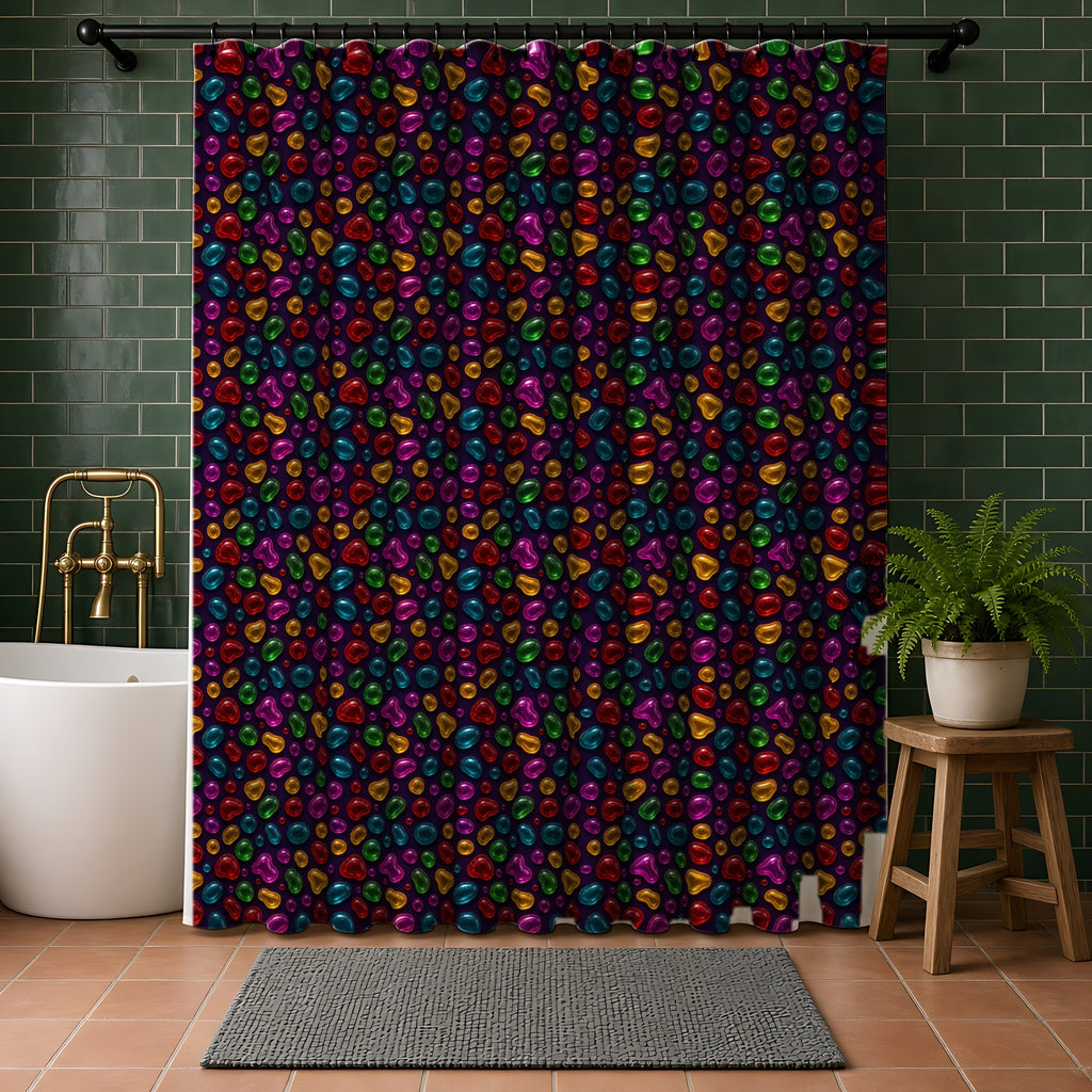 Jelly Glass Drops Shower Curtain in a bathroom with dark green tiles