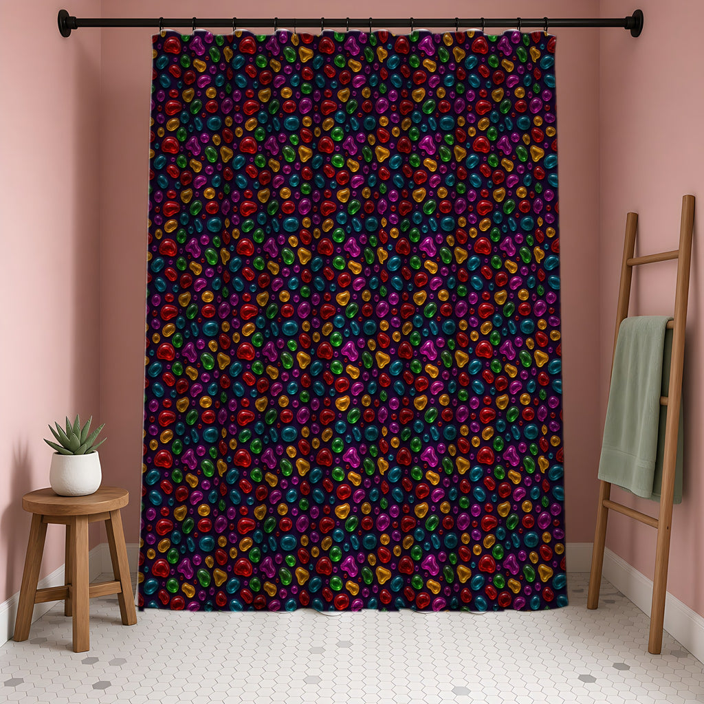 Jelly Glass Drops Shower Curtain in a blush-pink bathroom