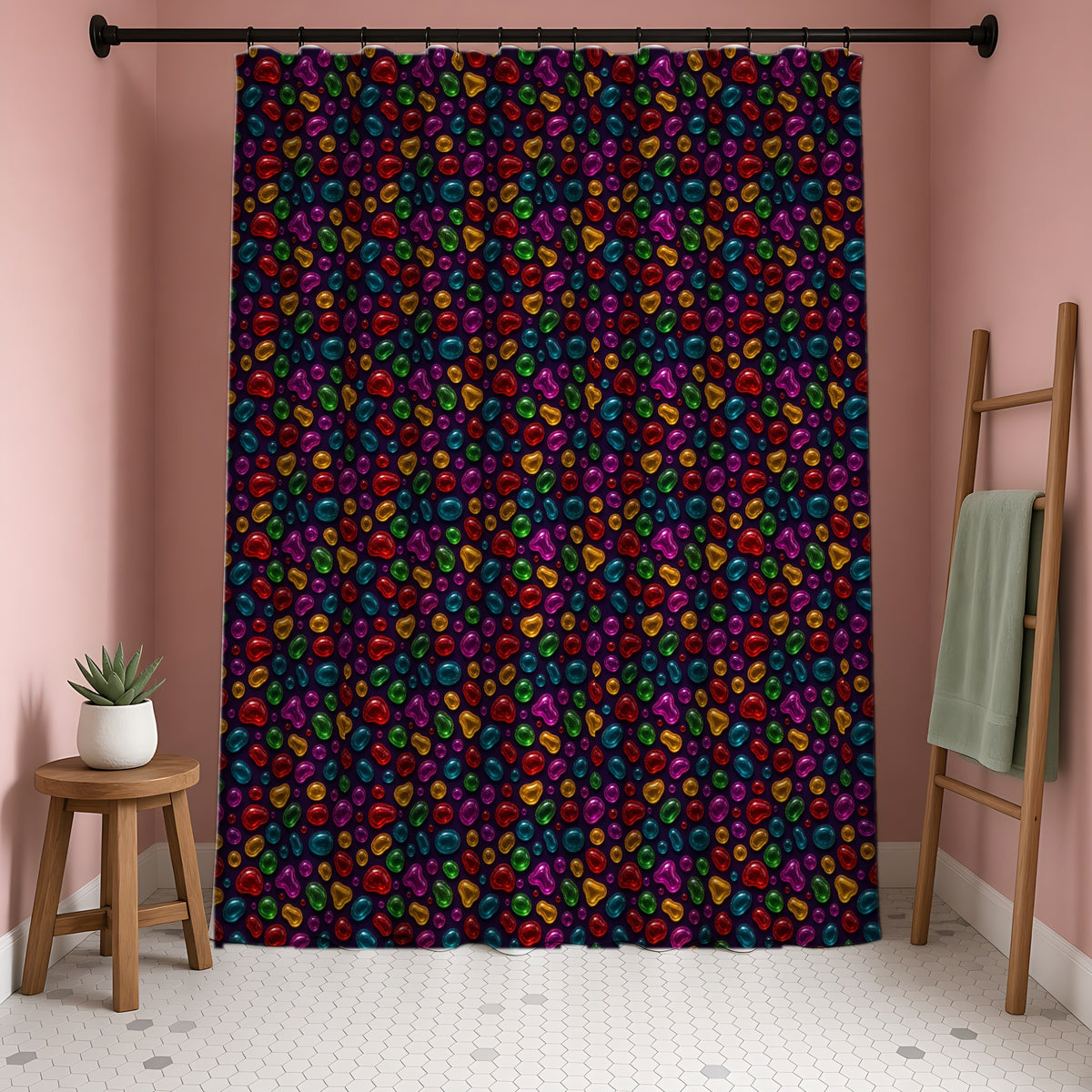 Jelly Glass Drops Shower Curtain in a blush-pink bathroom