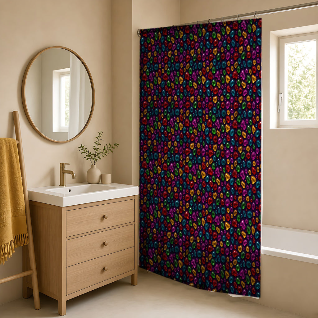 Jelly Glass Drops Shower Curtain in a warm neutral bathroom with an oak vanity