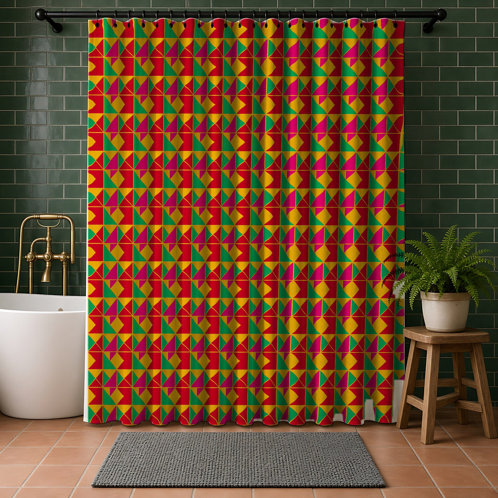 Jewel Block Quilt Shower Curtain in a bathroom with dark green tiles