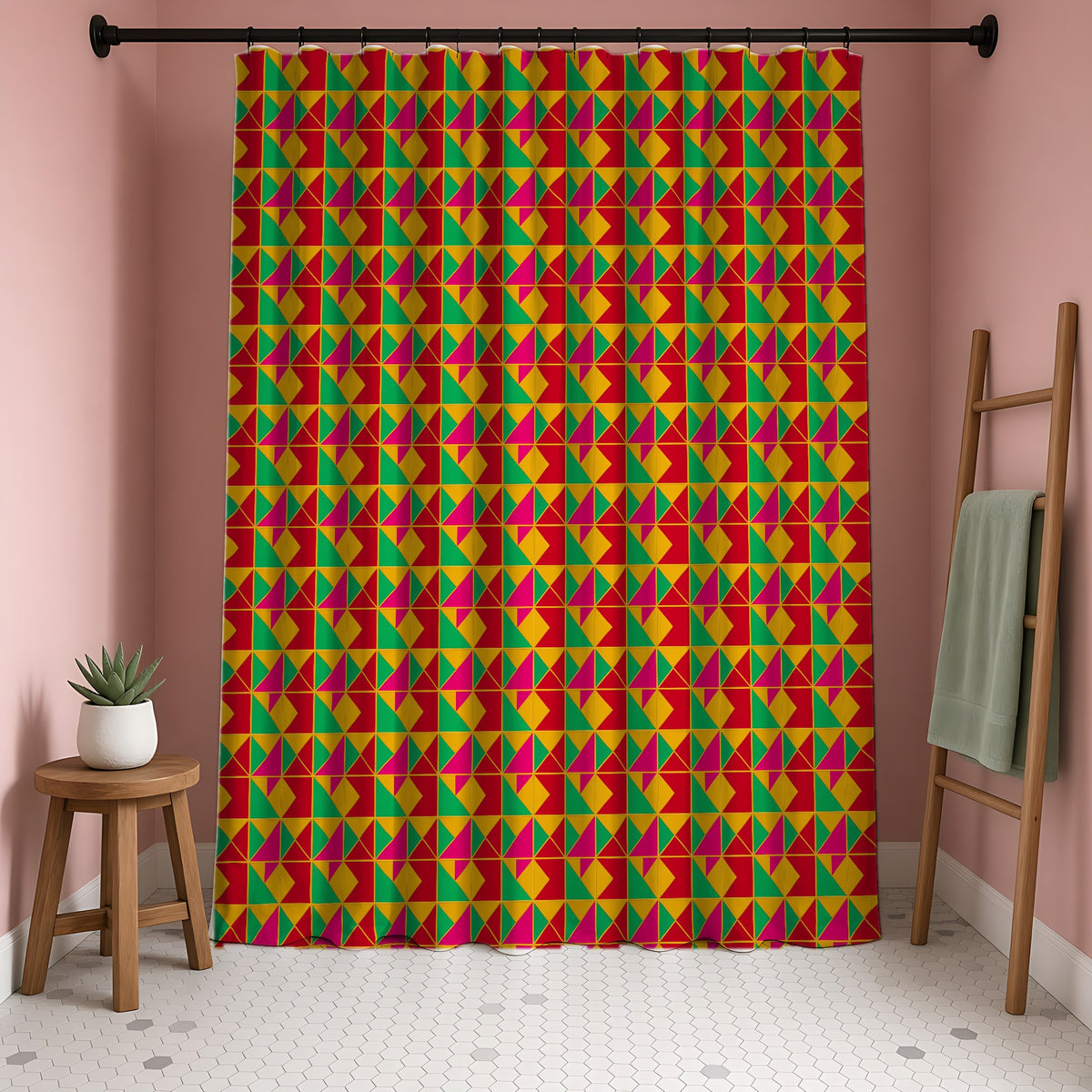 Jewel Block Quilt Shower Curtain in a blush-pink bathroom