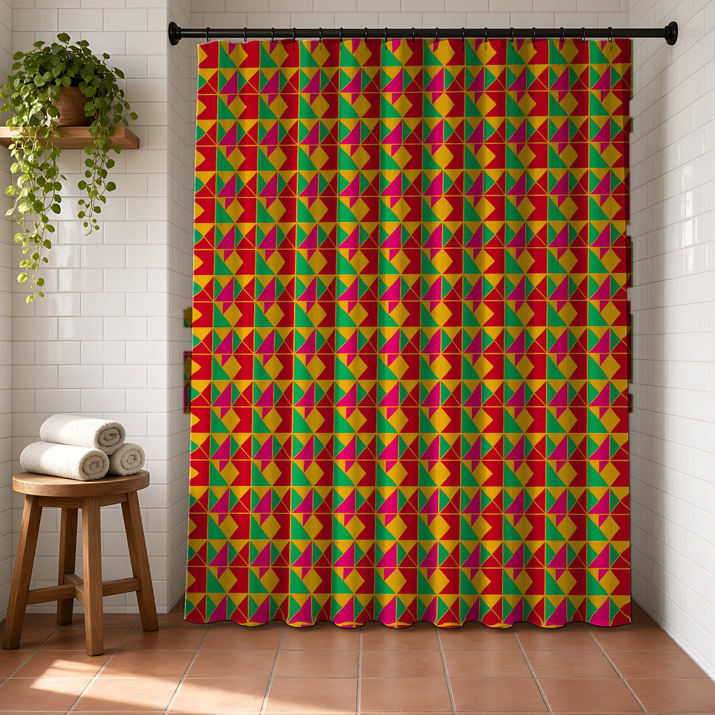 Jewel Block Quilt Shower Curtain in a bright bathroom with white tiles and a terracotta floor