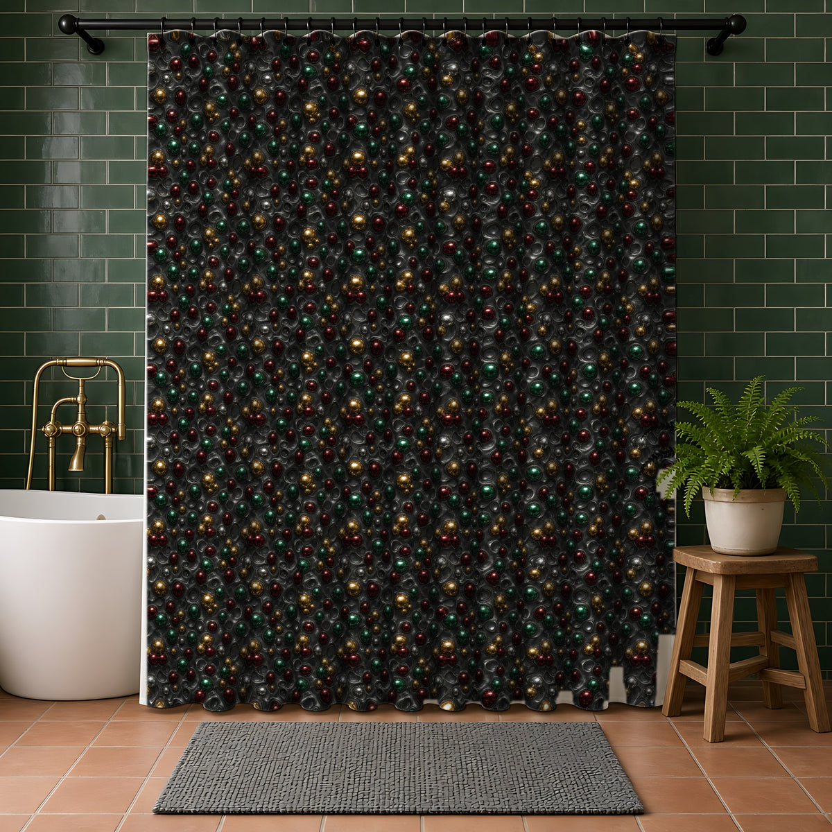 Jewel Bubble Clusters Shower Curtain in a bathroom with dark green tiles