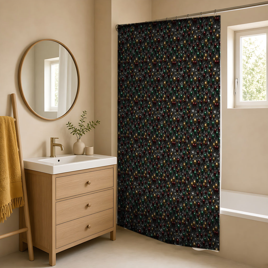 Jewel Bubble Clusters Shower Curtain in a warm neutral bathroom with an oak vanity