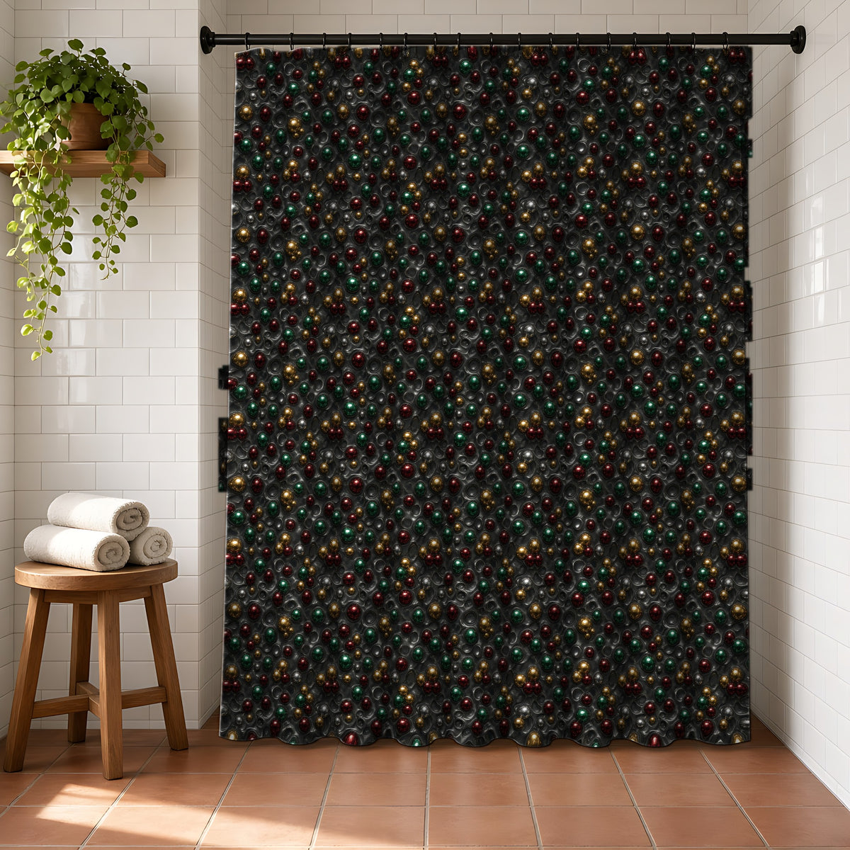 Jewel Bubble Clusters Shower Curtain in a bright bathroom with white tiles and a terracotta floor