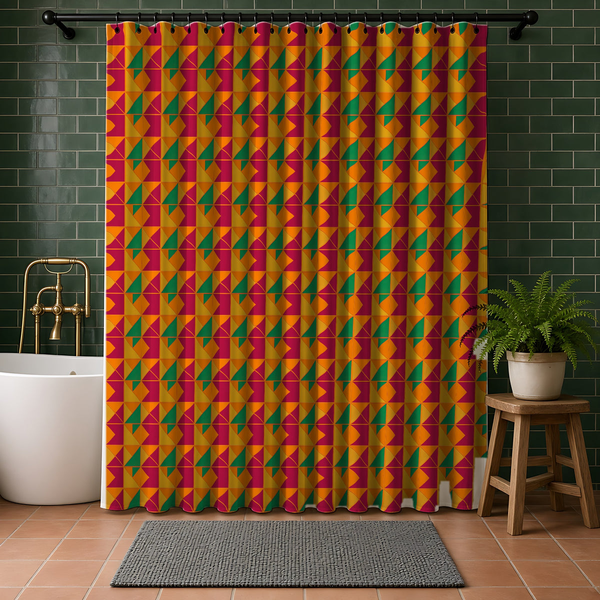 Jewel Block Quilt Shower Curtain in a bathroom with dark green tiles