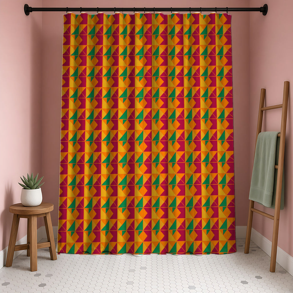 Jewel Block Quilt Shower Curtain in a blush-pink bathroom
