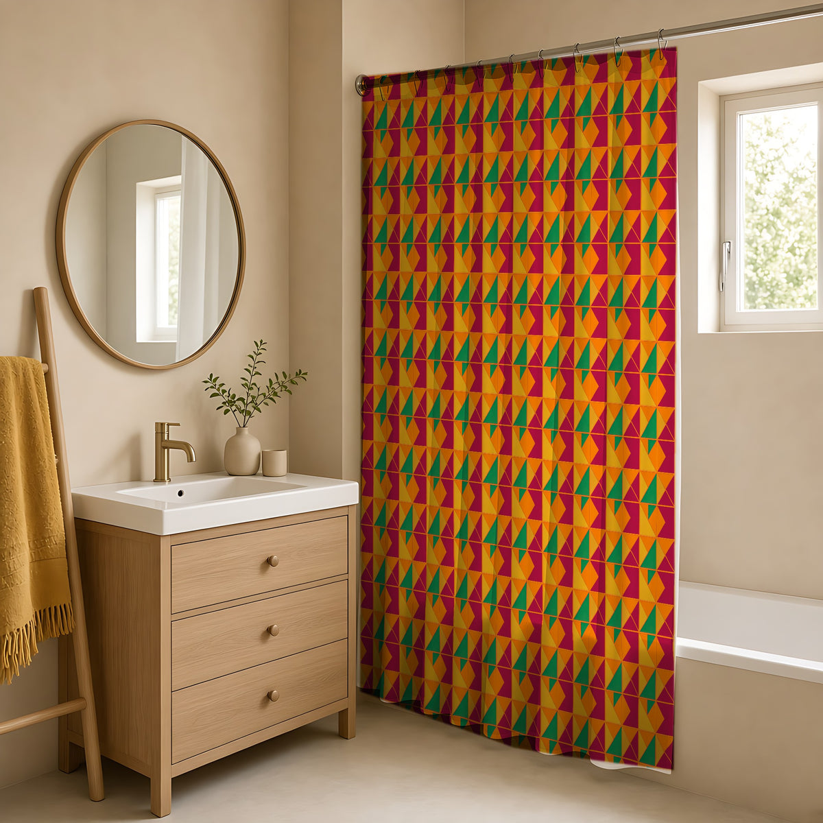 Jewel Block Quilt Shower Curtain in a warm neutral bathroom with an oak vanity