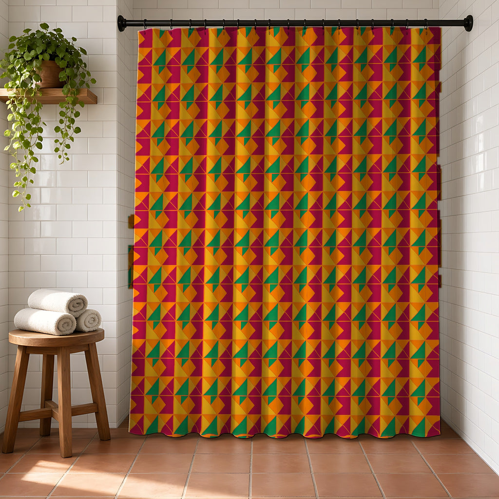 Jewel Block Quilt Shower Curtain in a bright bathroom with white tiles and a terracotta floor