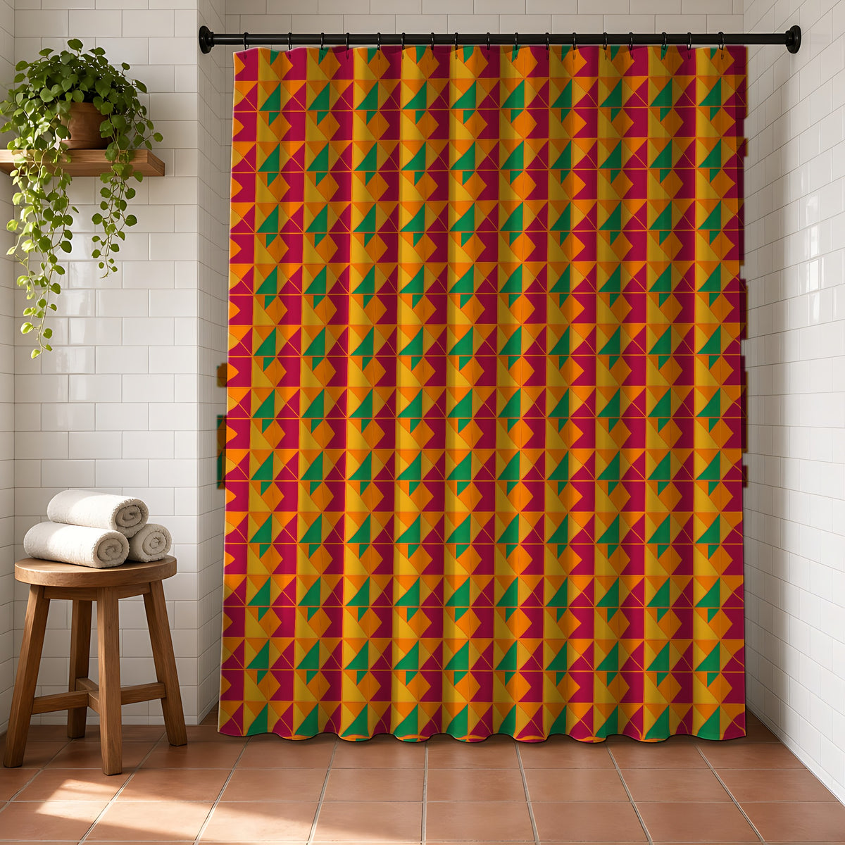 Jewel Block Quilt Shower Curtain in a bright bathroom with white tiles and a terracotta floor