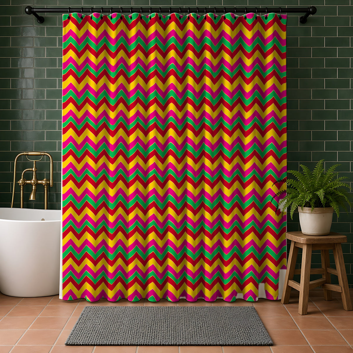 Jewel Chevron Bands Shower Curtain in a bathroom with dark green tiles