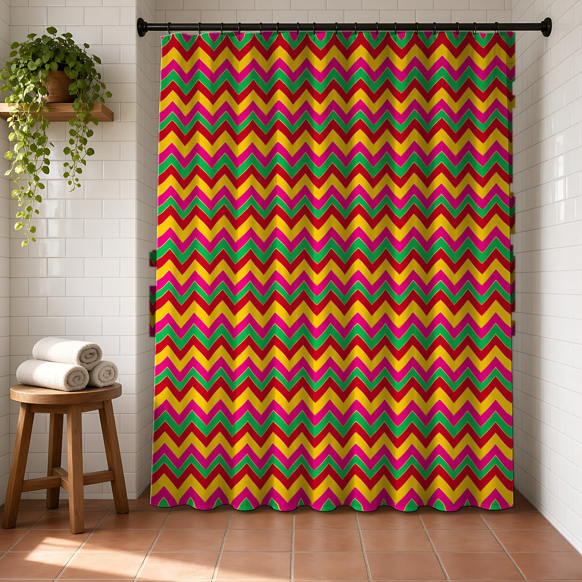 Jewel Chevron Bands Shower Curtain in a bright bathroom with white tiles and a terracotta floor
