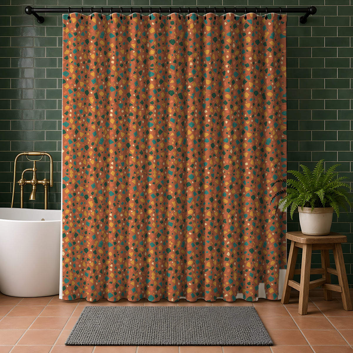 Jewel Chip Terrazzo Shower Curtain in a bathroom with dark green tiles