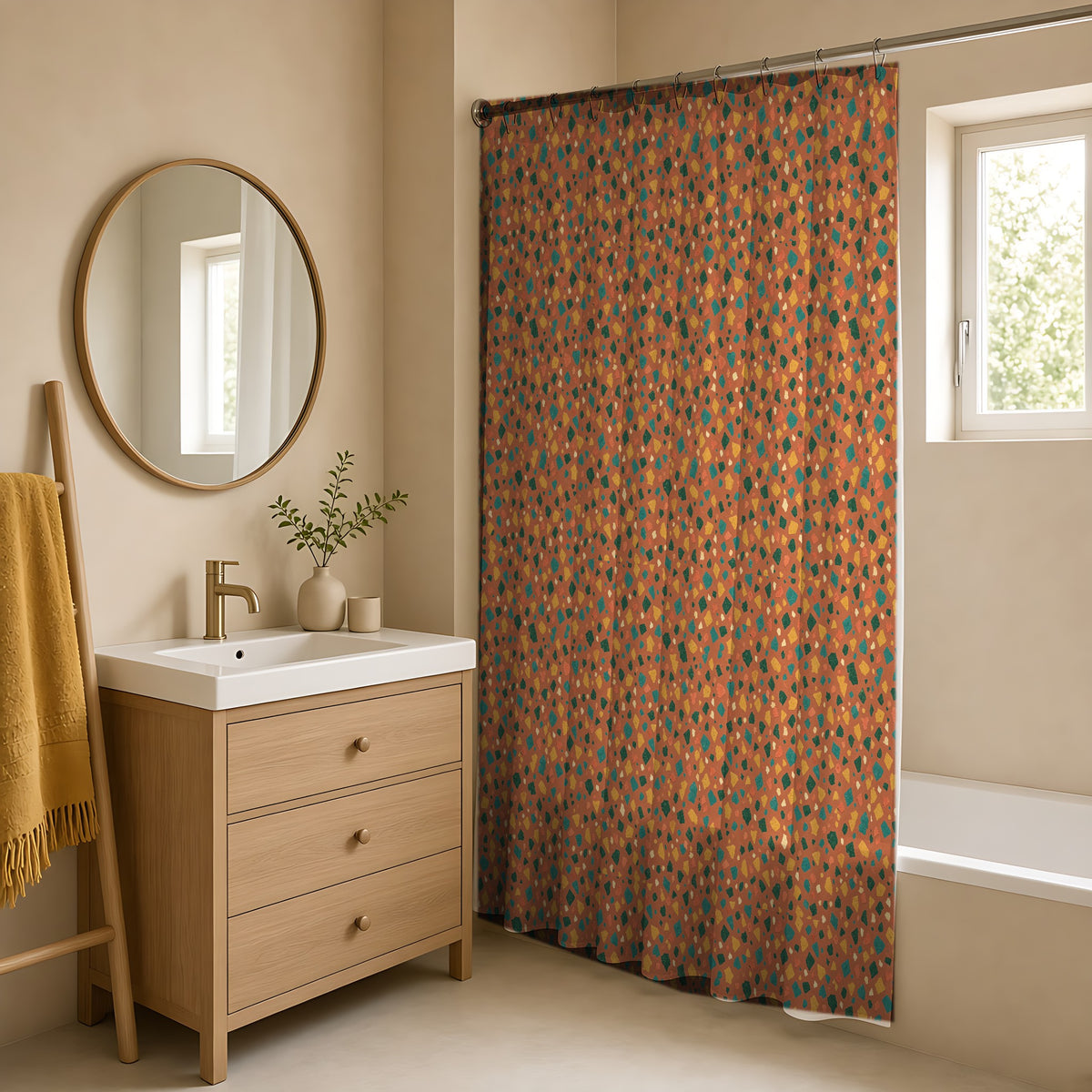 Jewel Chip Terrazzo Shower Curtain in a warm neutral bathroom with an oak vanity