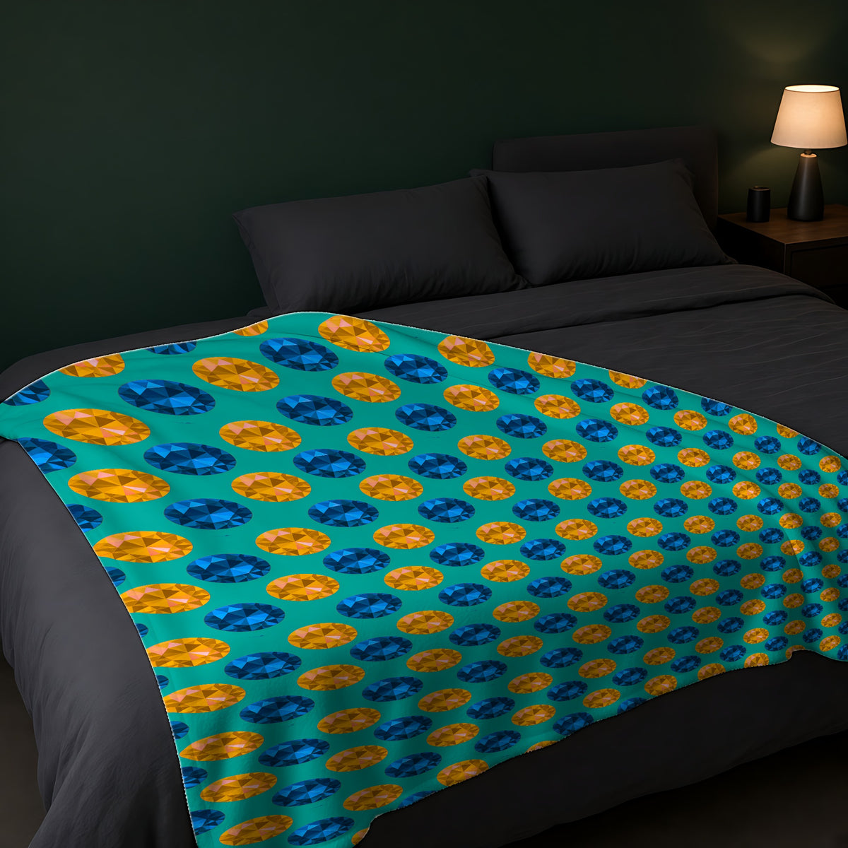 Half-Drop Gem Grid Sherpa Fleece Blanket across the foot of a dark bed