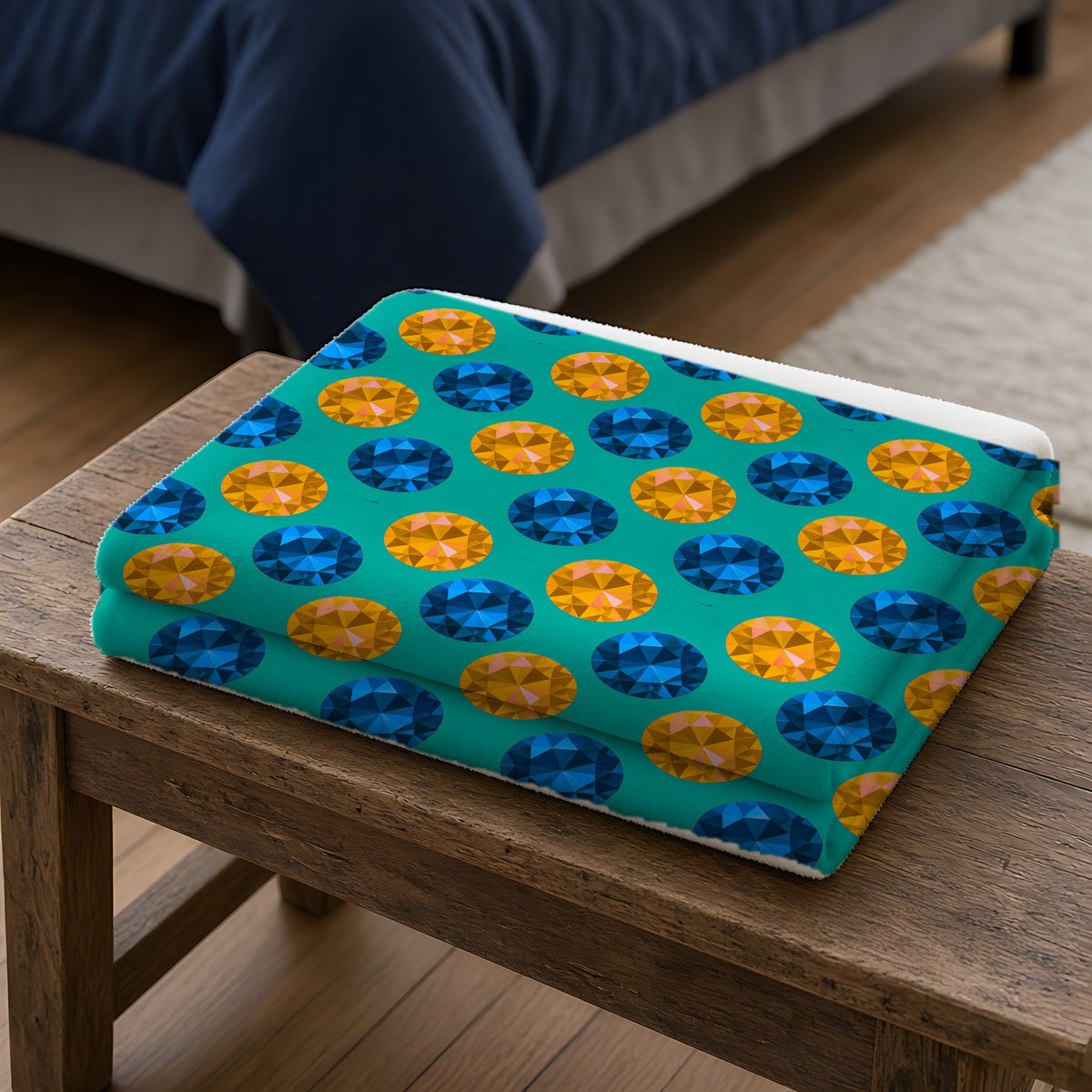 Half-Drop Gem Grid Sherpa Fleece Blanket folded on a wooden bench