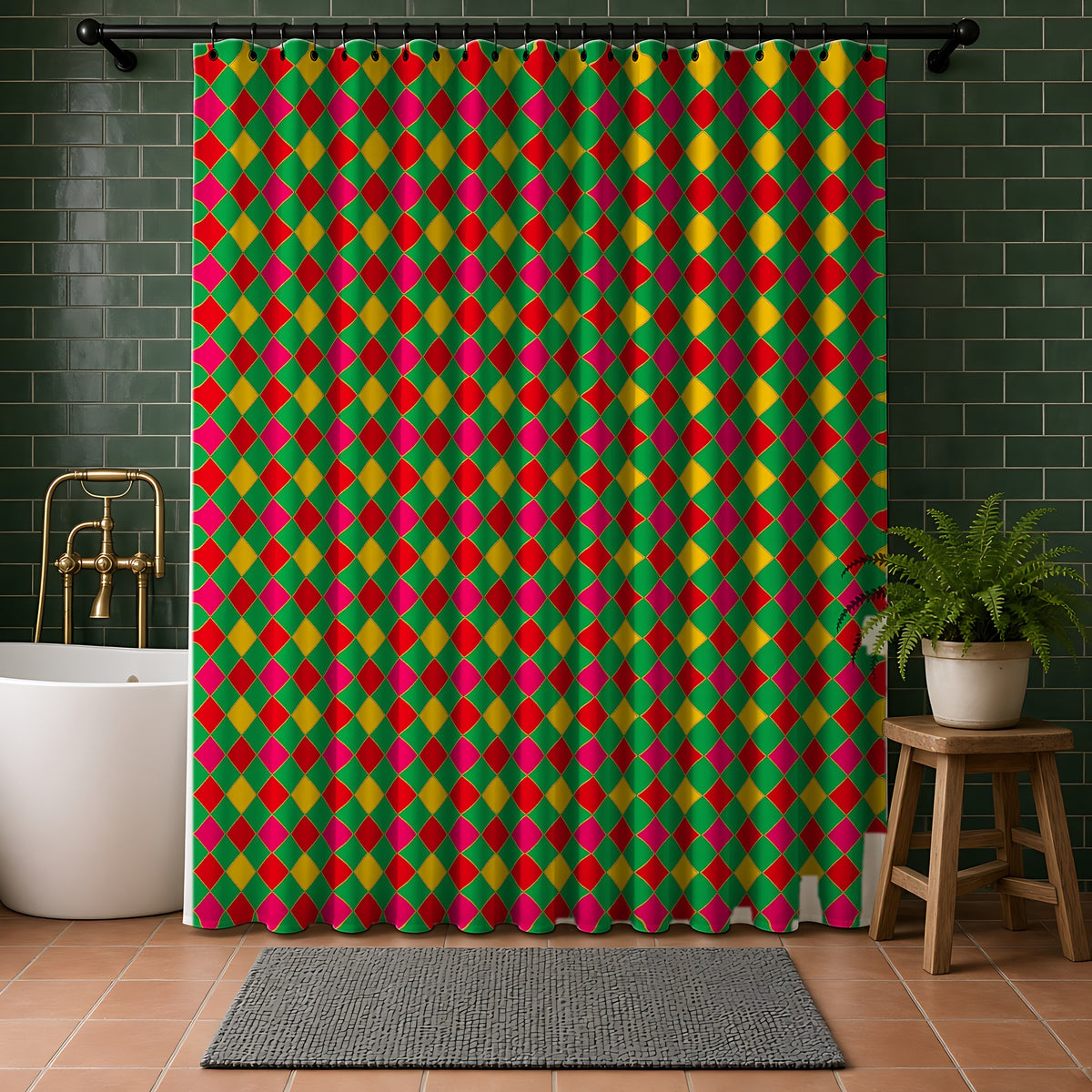 Jewel Harlequin Check Shower Curtain in a bathroom with dark green tiles