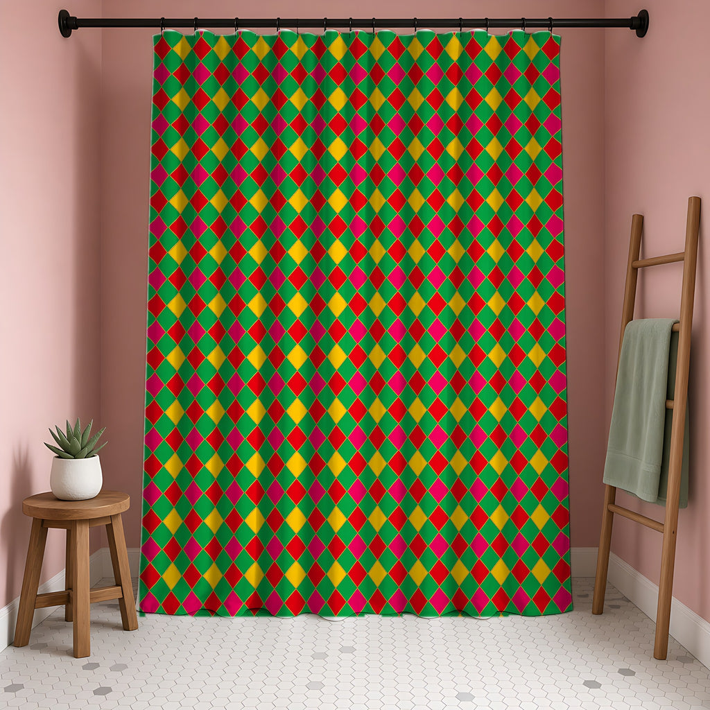 Jewel Harlequin Check Shower Curtain in a blush-pink bathroom