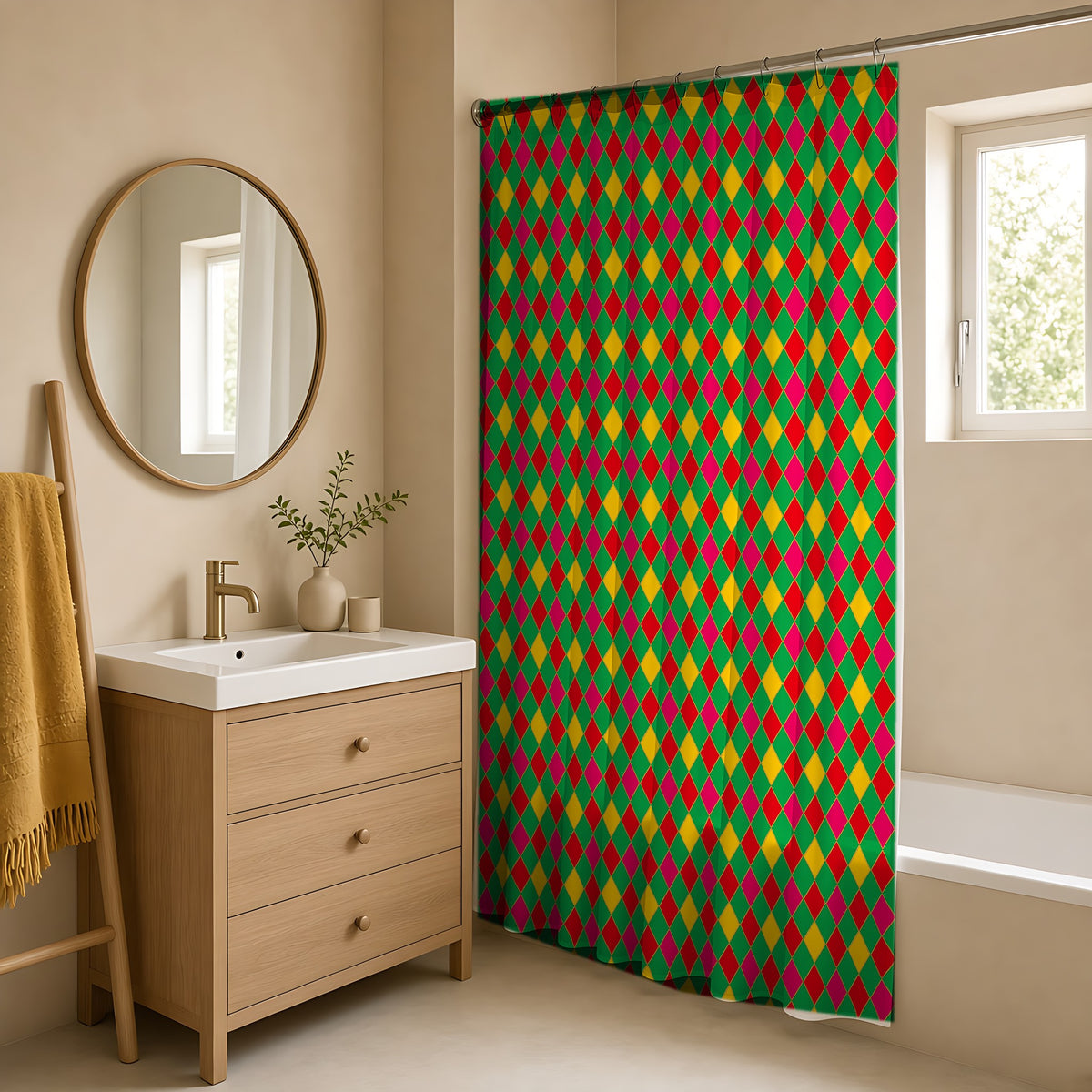 Jewel Harlequin Check Shower Curtain in a warm neutral bathroom with an oak vanity
