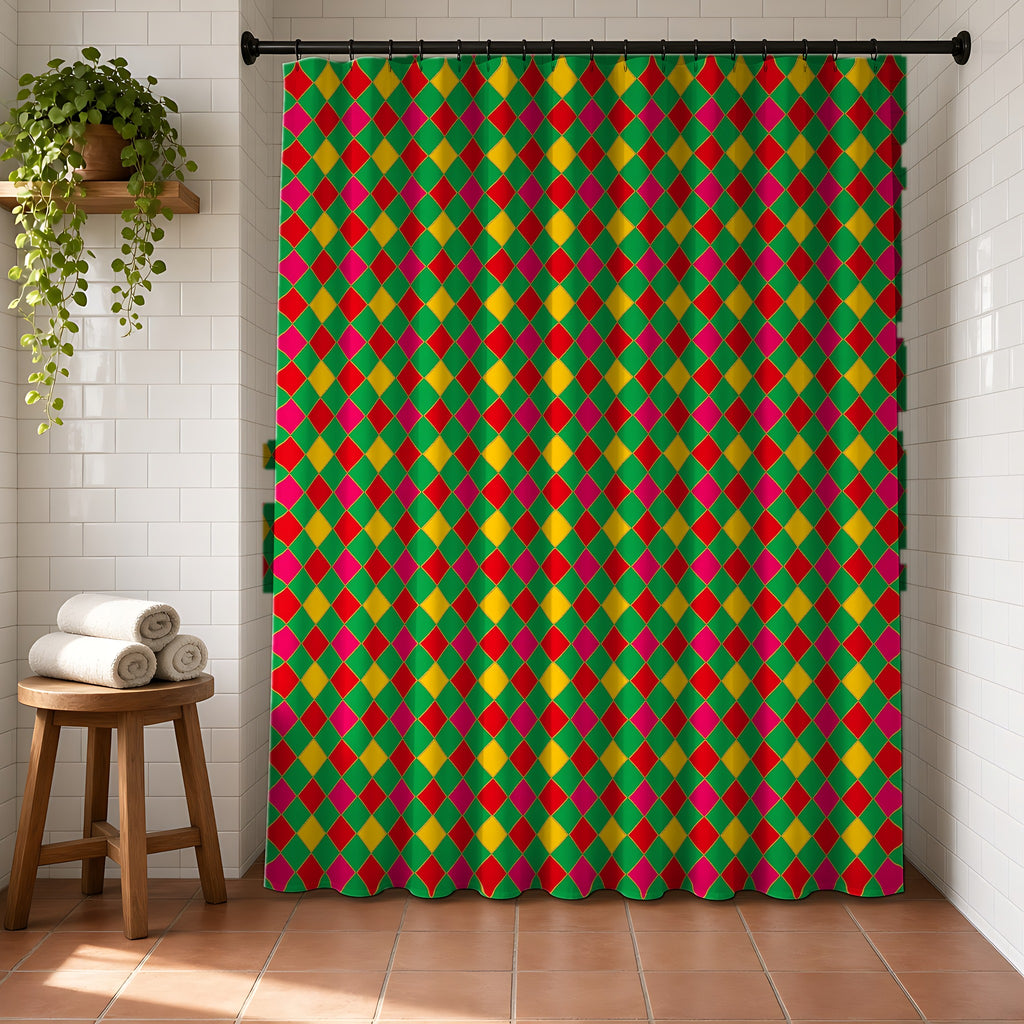 Jewel Harlequin Check Shower Curtain in a bright bathroom with white tiles and a terracotta floor