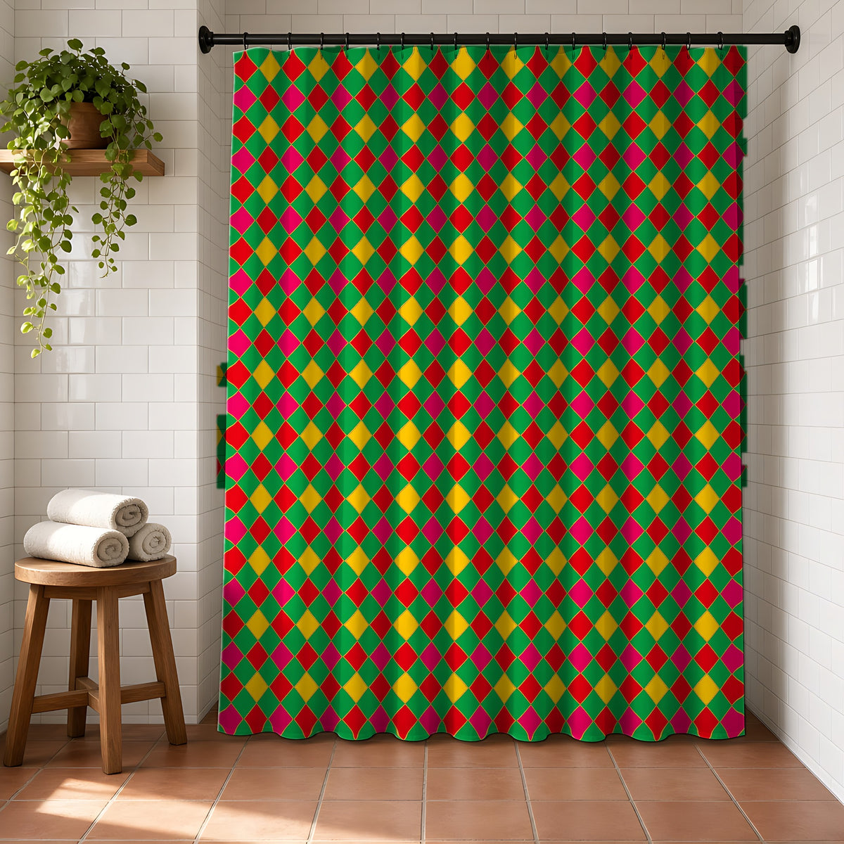Jewel Harlequin Check Shower Curtain in a bright bathroom with white tiles and a terracotta floor