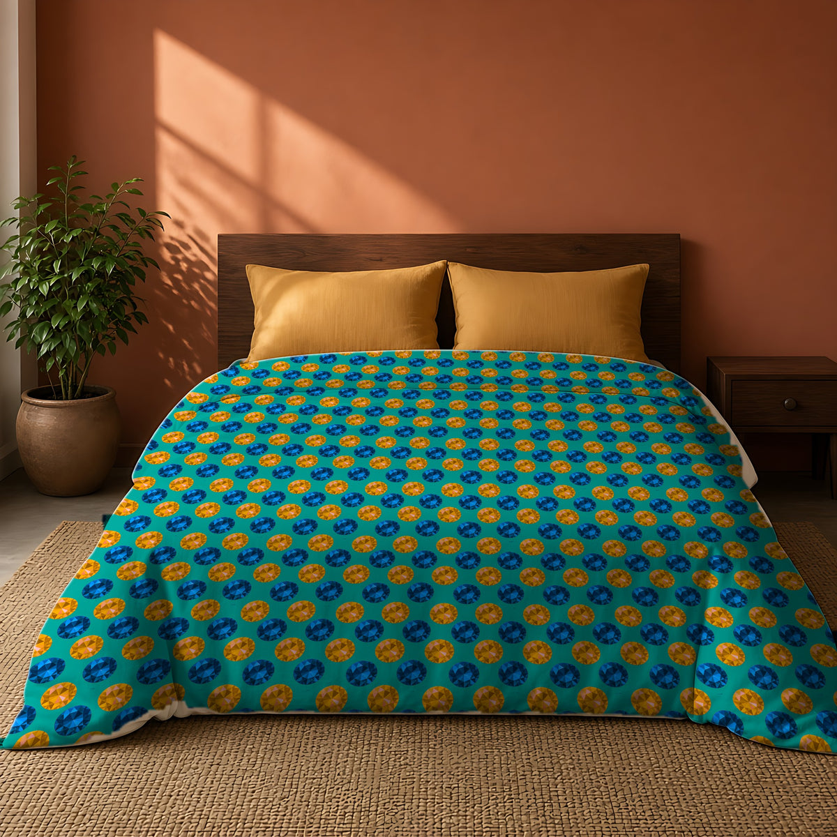 Half-Drop Gem Grid Comforter on a king bed against a warm terracotta wall