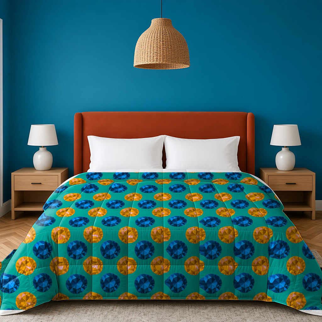 Half-Drop Gem Grid Comforter in the Peacock Jewel palette, on a bed with a rust headboard against a teal wall