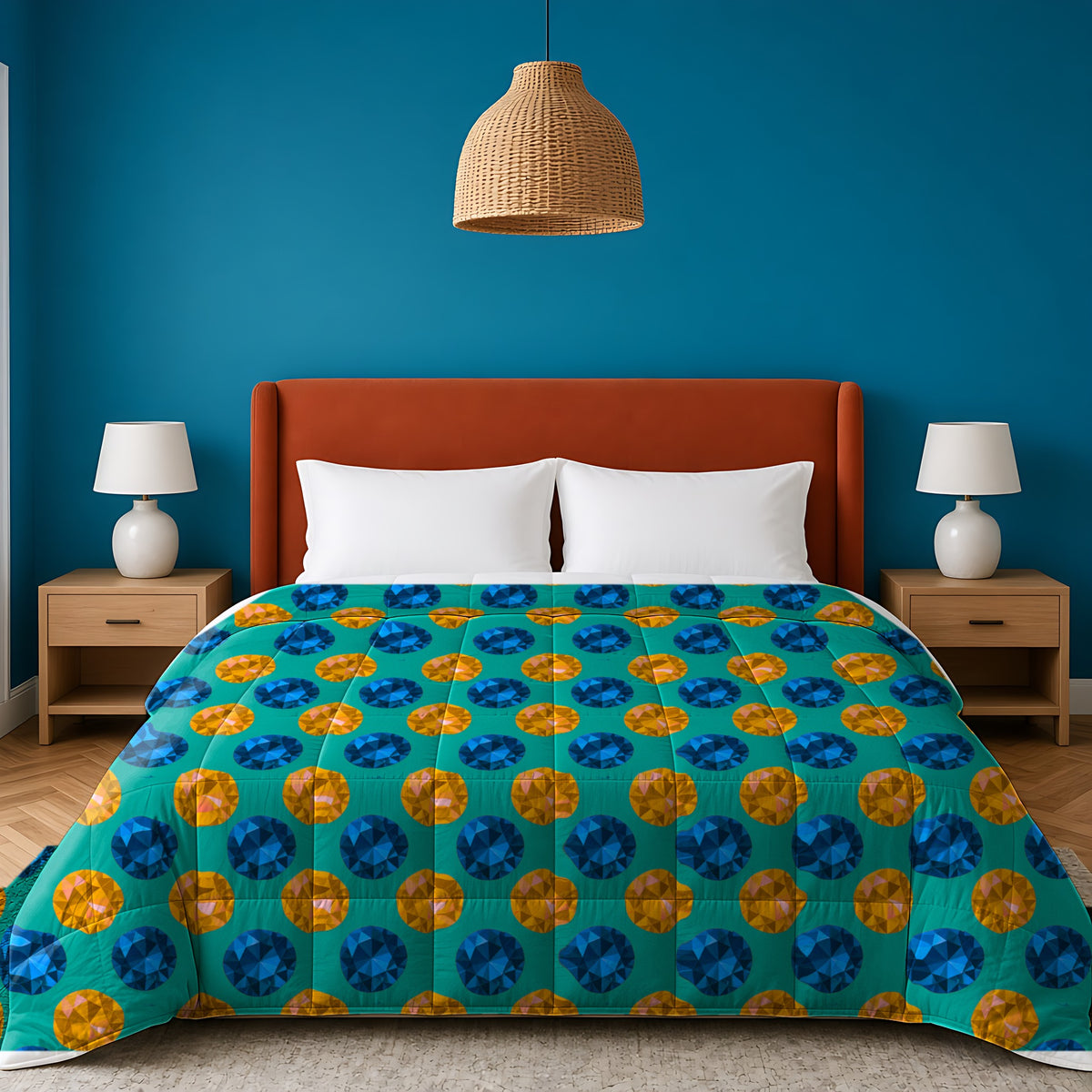 Half-Drop Gem Grid Comforter in the Peacock Jewel palette, on a bed with a rust headboard against a teal wall