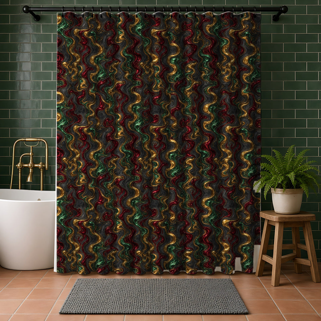 Jewel Metal Swirl Shower Curtain in a bathroom with dark green tiles