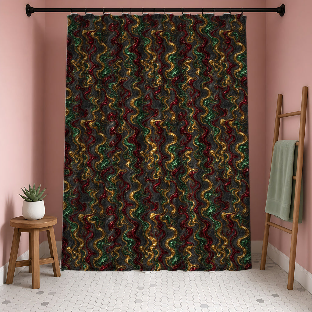 Jewel Metal Swirl Shower Curtain in a blush-pink bathroom