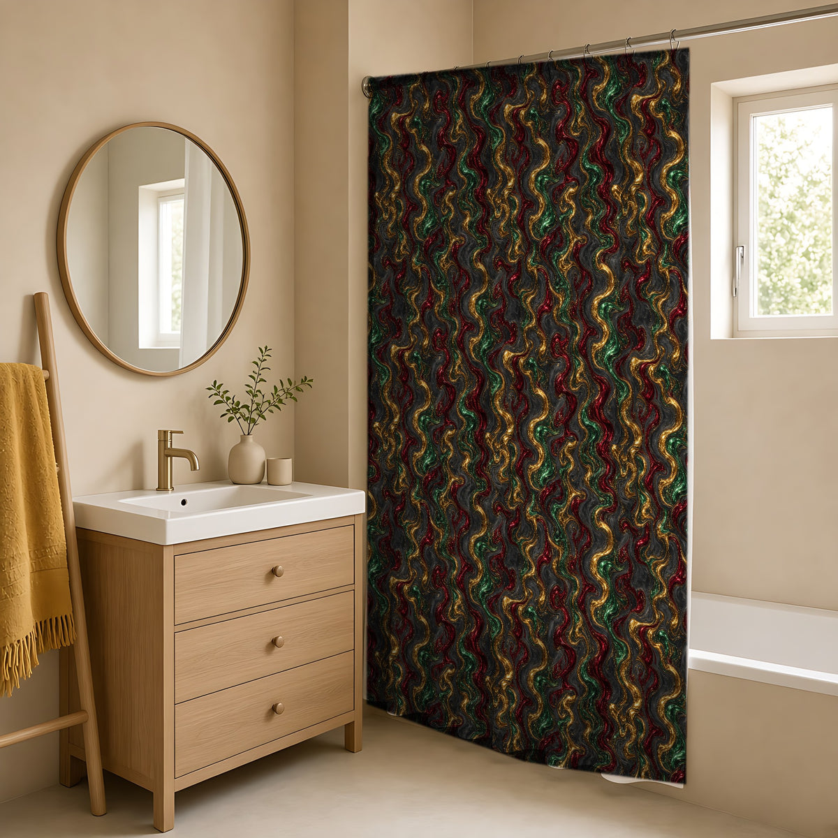 Jewel Metal Swirl Shower Curtain in a warm neutral bathroom with an oak vanity