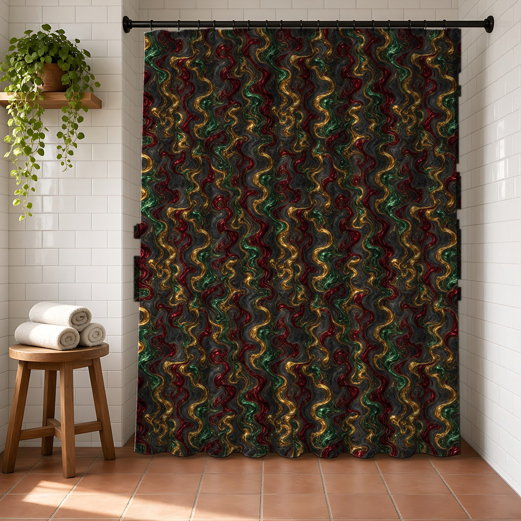 Jewel Metal Swirl Shower Curtain in a bright bathroom with white tiles and a terracotta floor