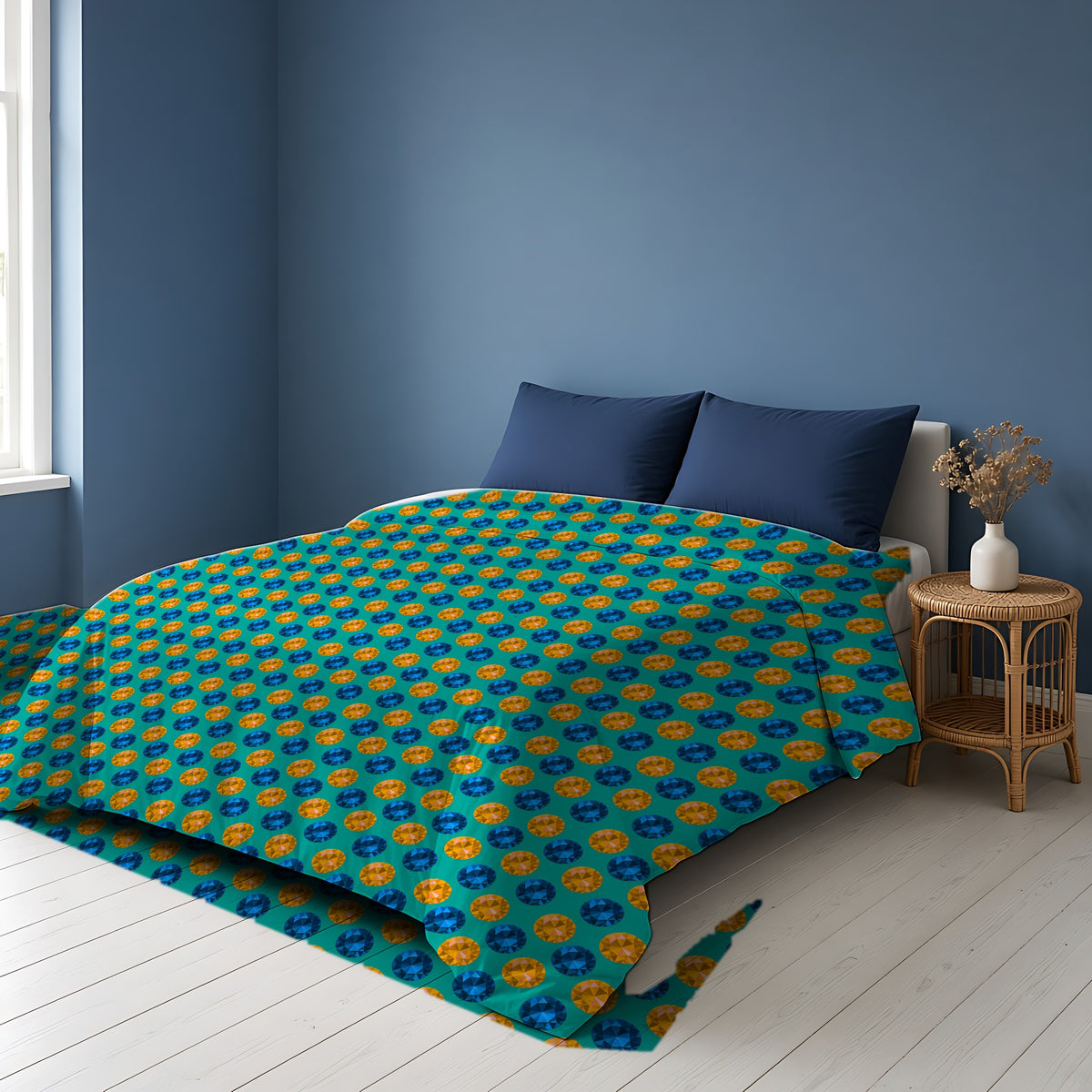 Half-Drop Gem Grid Cotton Duvet Cover on a bed in a Scandinavian blue bedroom