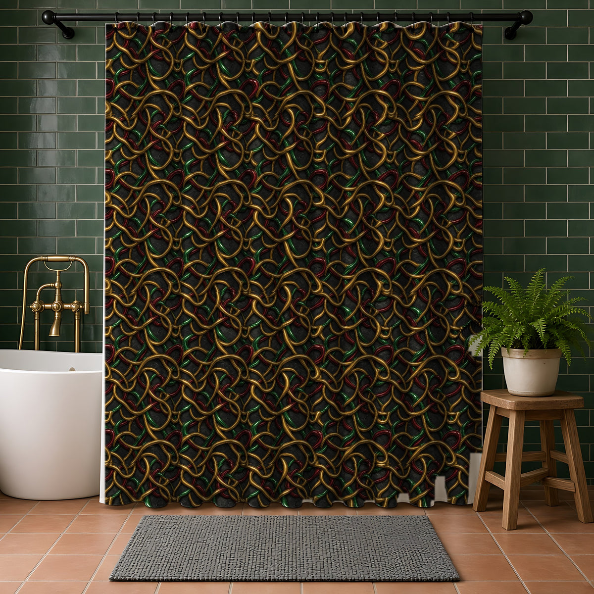 Jewel Metal Weave Shower Curtain in a bathroom with dark green tiles