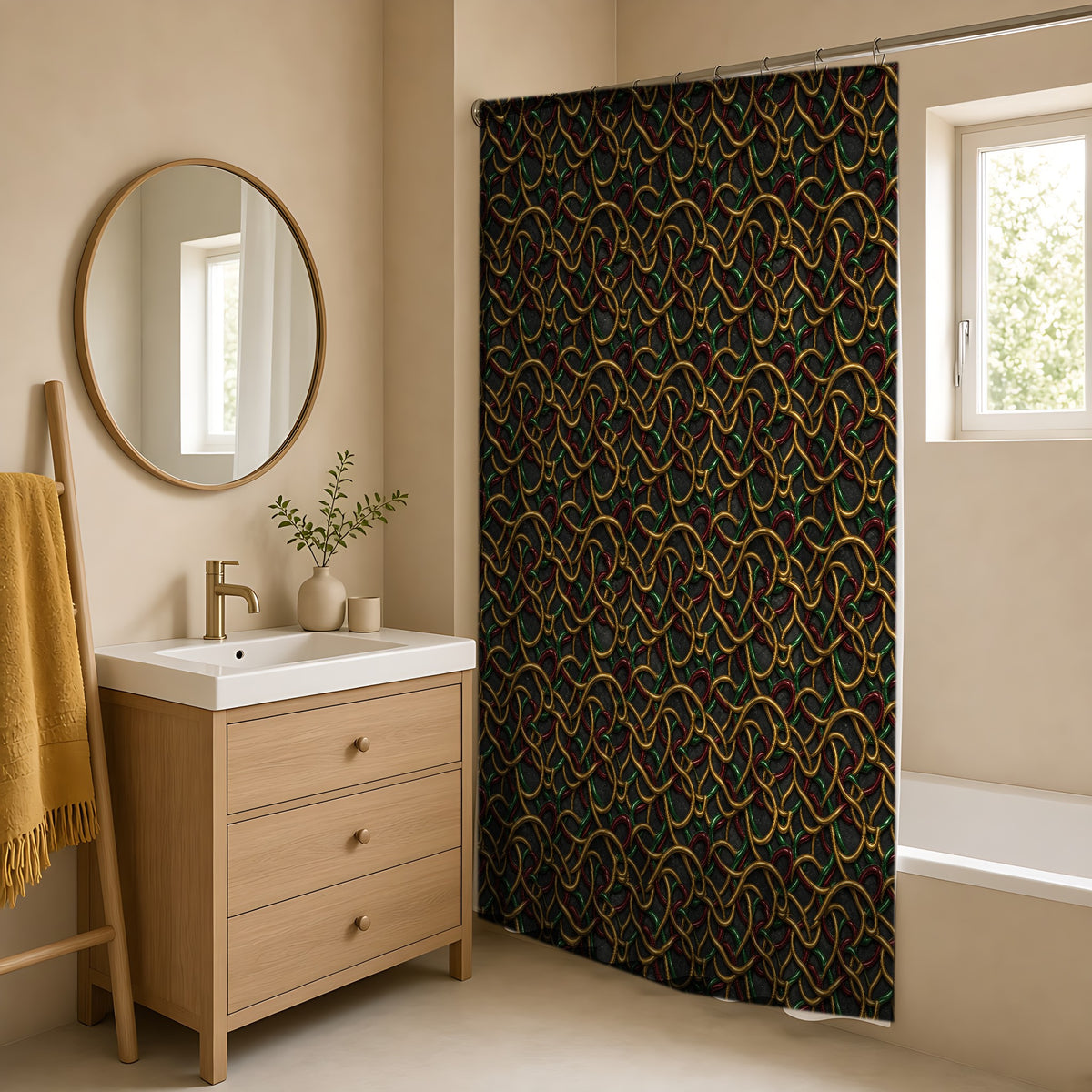 Jewel Metal Weave Shower Curtain in a warm neutral bathroom with an oak vanity
