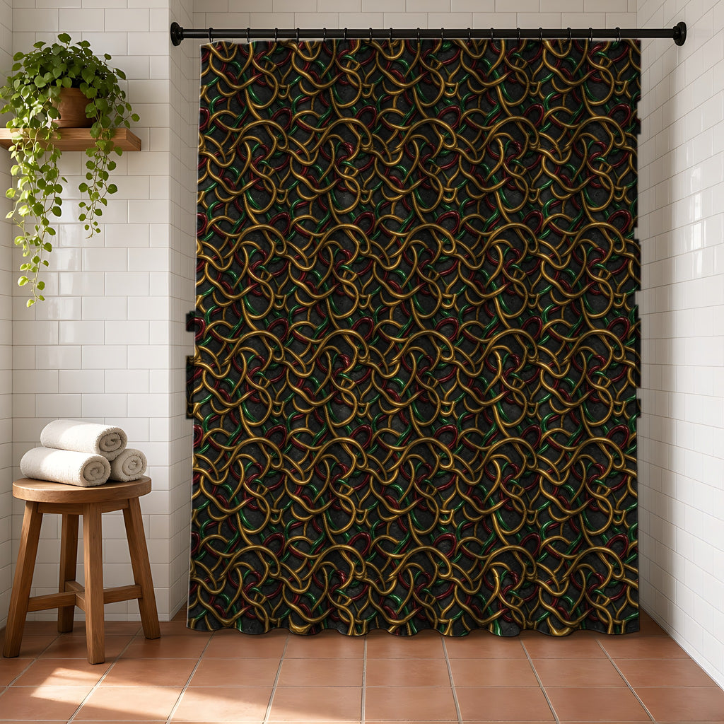 Jewel Metal Weave Shower Curtain in a bright bathroom with white tiles and a terracotta floor