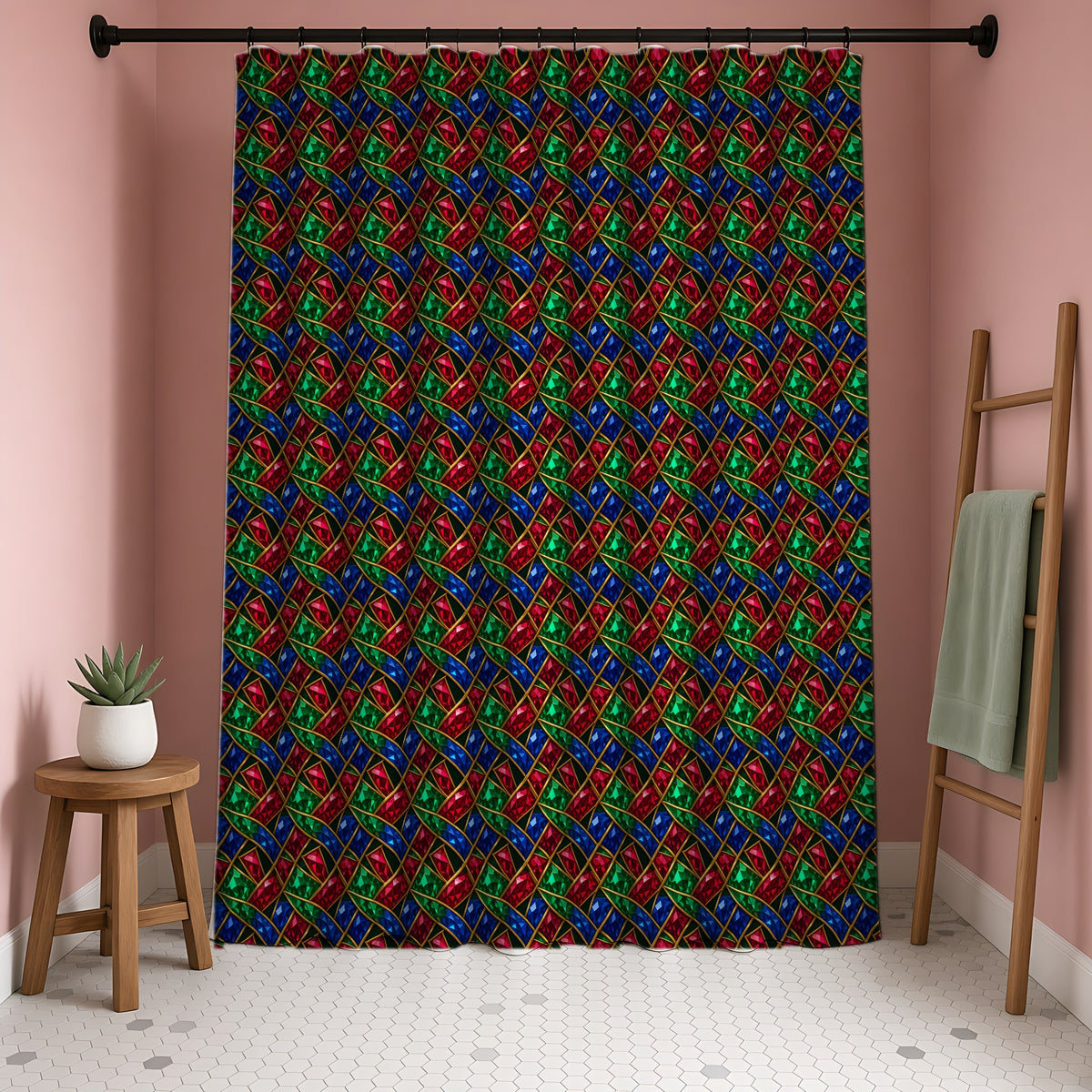 Jewel Prism Weave Shower Curtain in a blush-pink bathroom