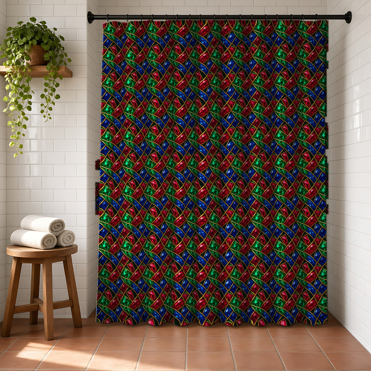 Jewel Prism Weave Shower Curtain in a bright bathroom with white tiles and a terracotta floor