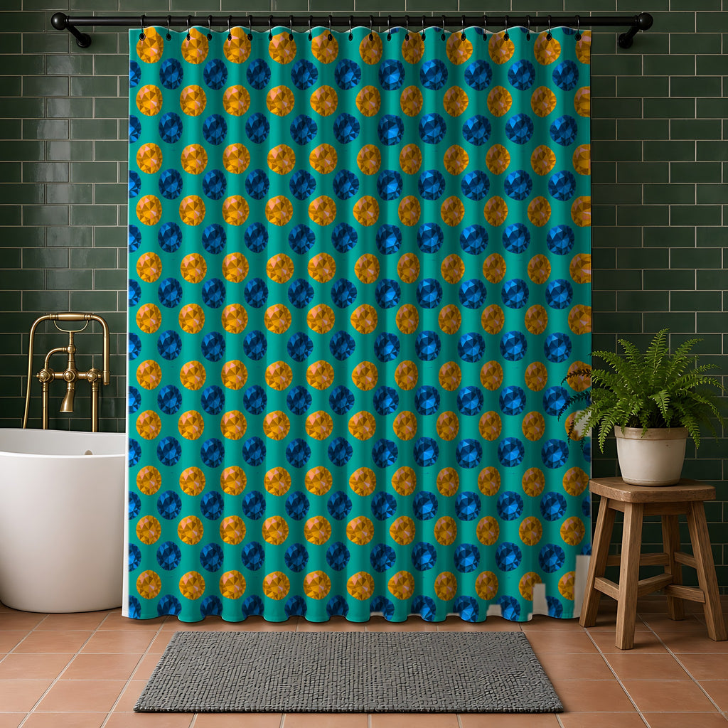 Half-Drop Gem Grid Shower Curtain in a bathroom with dark green tiles