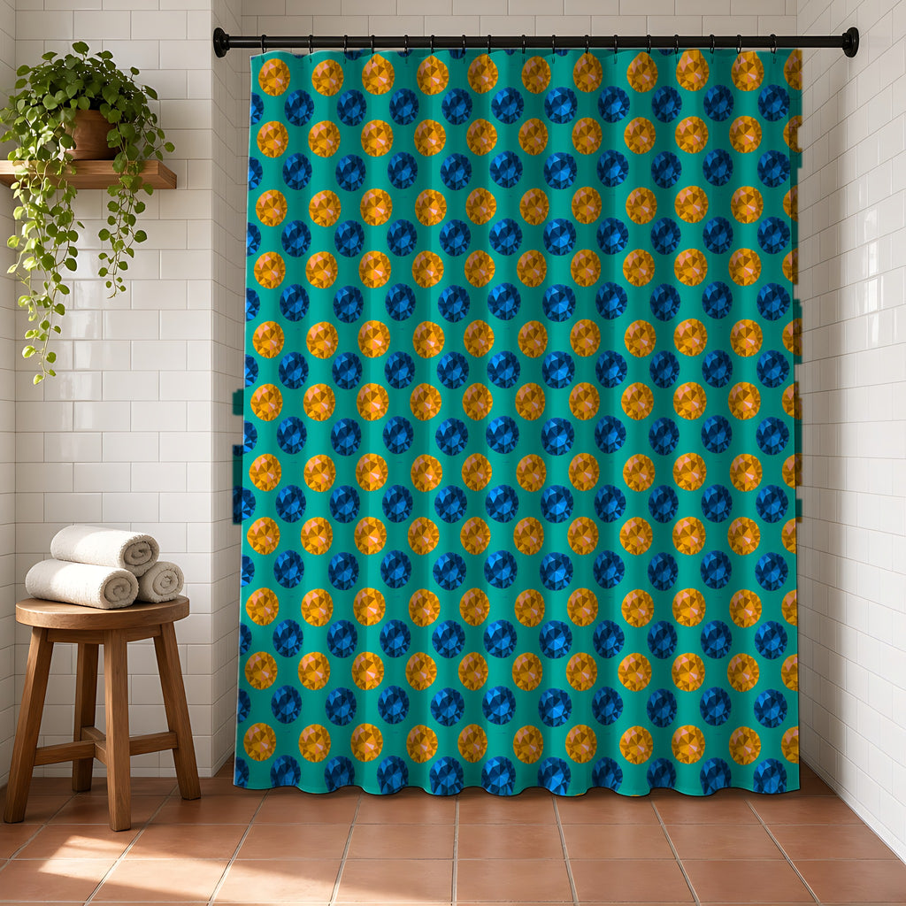 Half-Drop Gem Grid Shower Curtain in a bright bathroom with white tiles and a terracotta floor