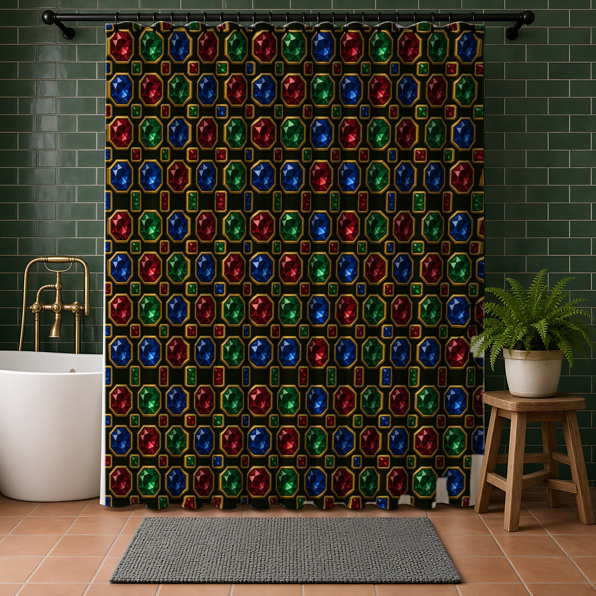 Jewelled Octagon Tiles Shower Curtain in a bathroom with dark green tiles