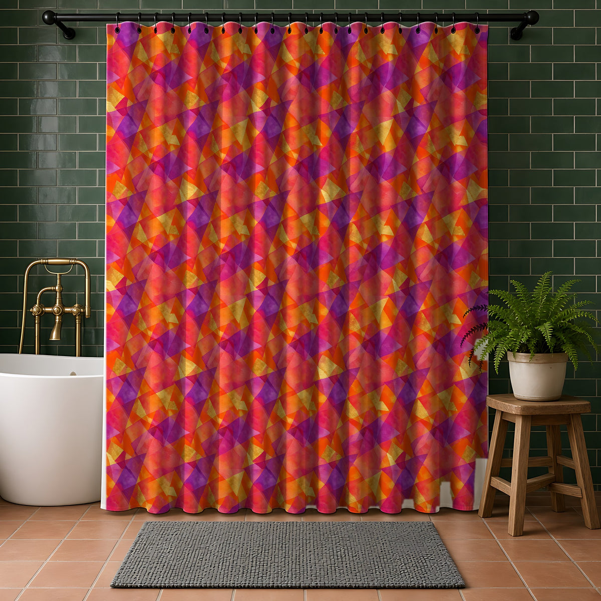 Layered Wash Shards Shower Curtain in a bathroom with dark green tiles