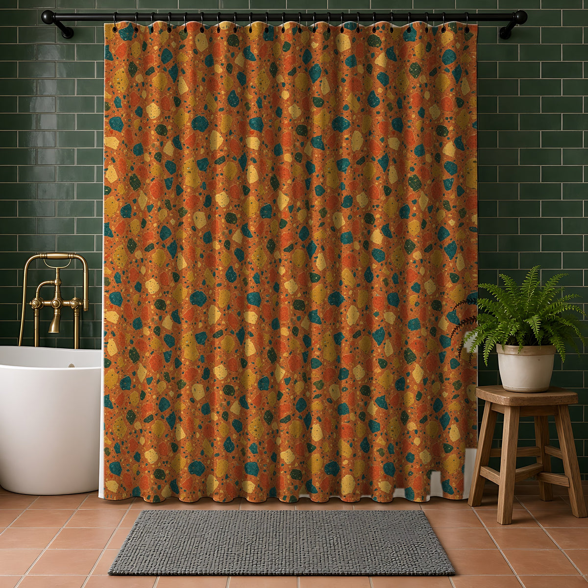 Macro Chip Mix Shower Curtain in a bathroom with dark green tiles