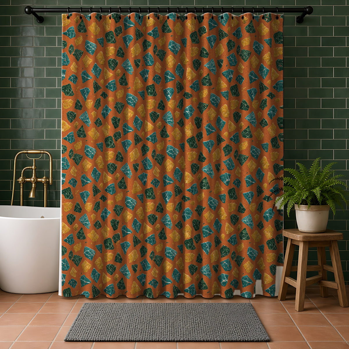 Marble Fragment Toss Shower Curtain in a bathroom with dark green tiles