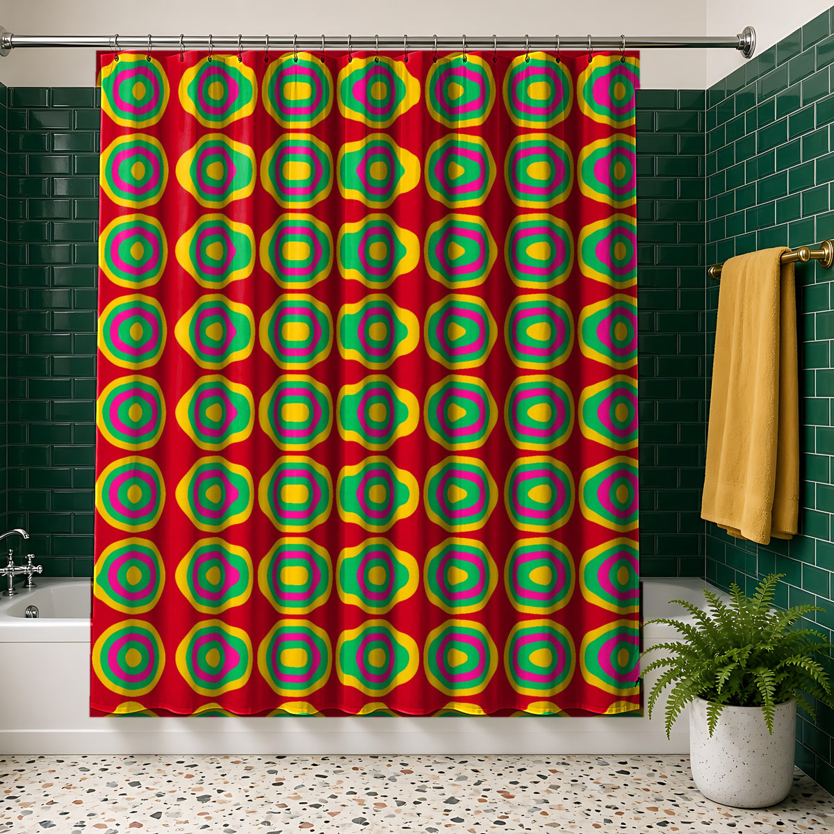 Mega Ring Grid shower curtain in the Festive Jewel Bright palette, hanging in a bathroom with emerald tiles