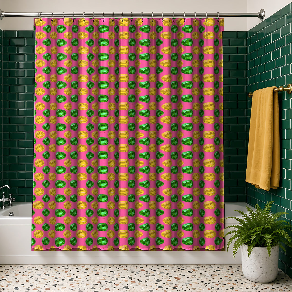 Half-Drop Gem Grid Shower Curtain in the Candy Christmas palette, hanging in a bathroom with emerald tiles