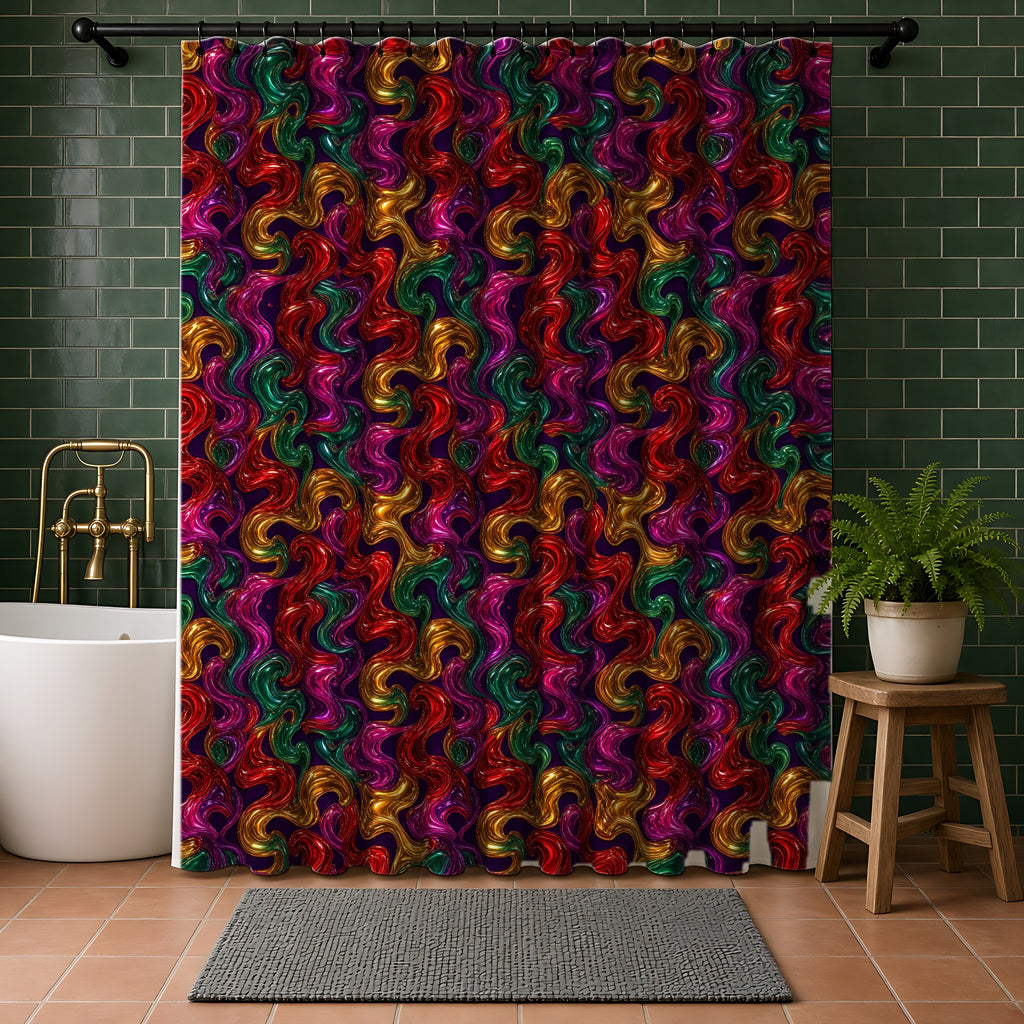 Melted Glass Swirl Shower Curtain in a bathroom with dark green tiles