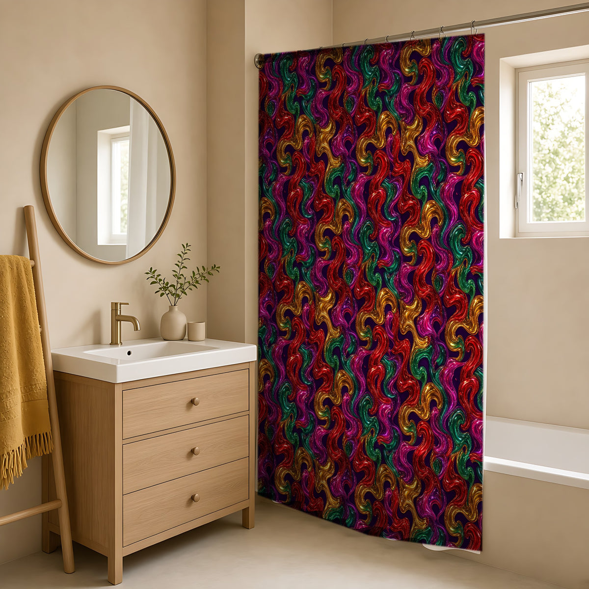 Melted Glass Swirl Shower Curtain in a warm neutral bathroom with an oak vanity