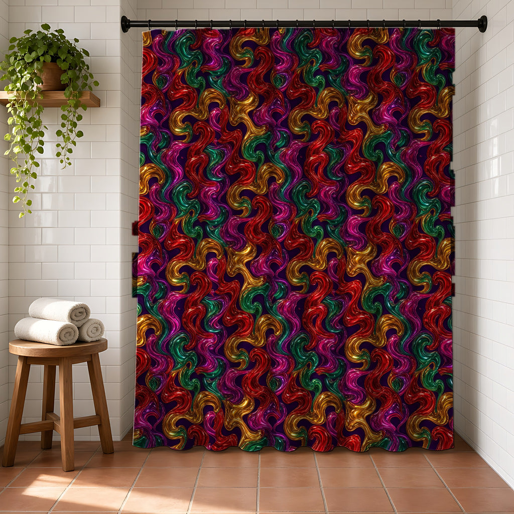 Melted Glass Swirl Shower Curtain in a bright bathroom with white tiles and a terracotta floor